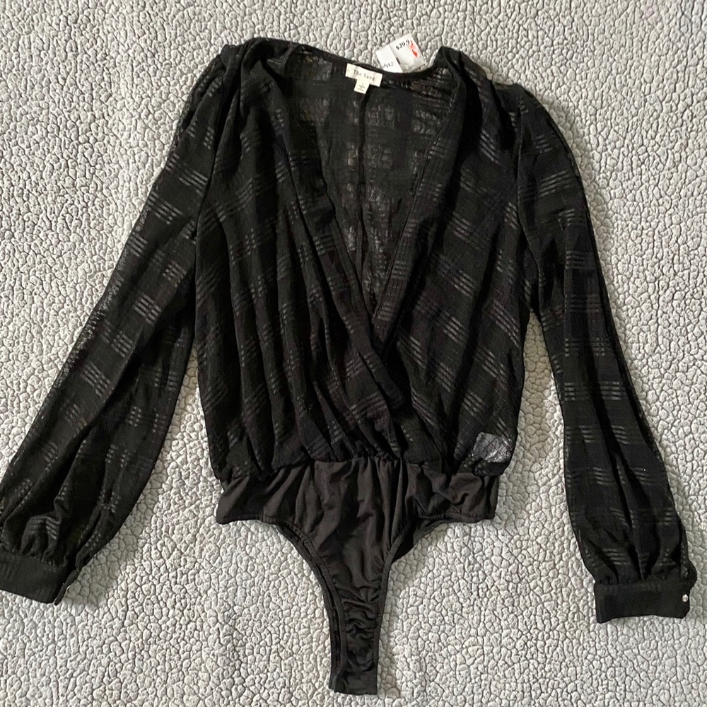 THE SANG | NWT Black Striped Bodysuit with V-neck
